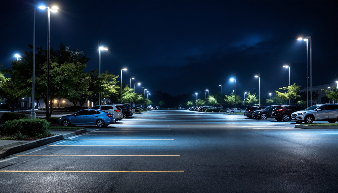 A photograph of a well-lit parking lot showcasing various types of lighting solutions