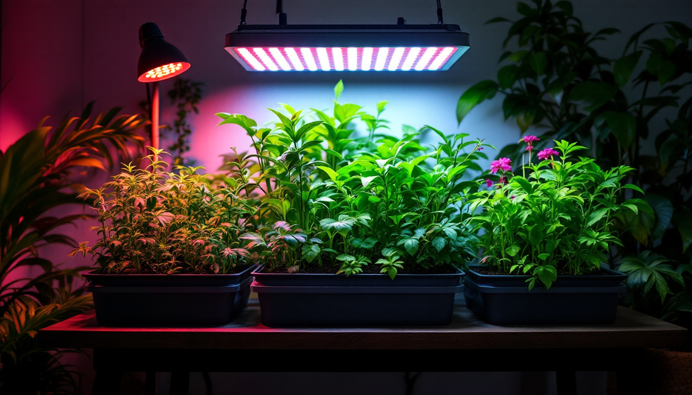 A photograph of a vibrant indoor garden setup illuminated by various commercial grow lights