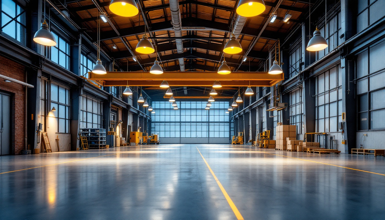 A photograph of a well-lit industrial space featuring led high bay lights in action