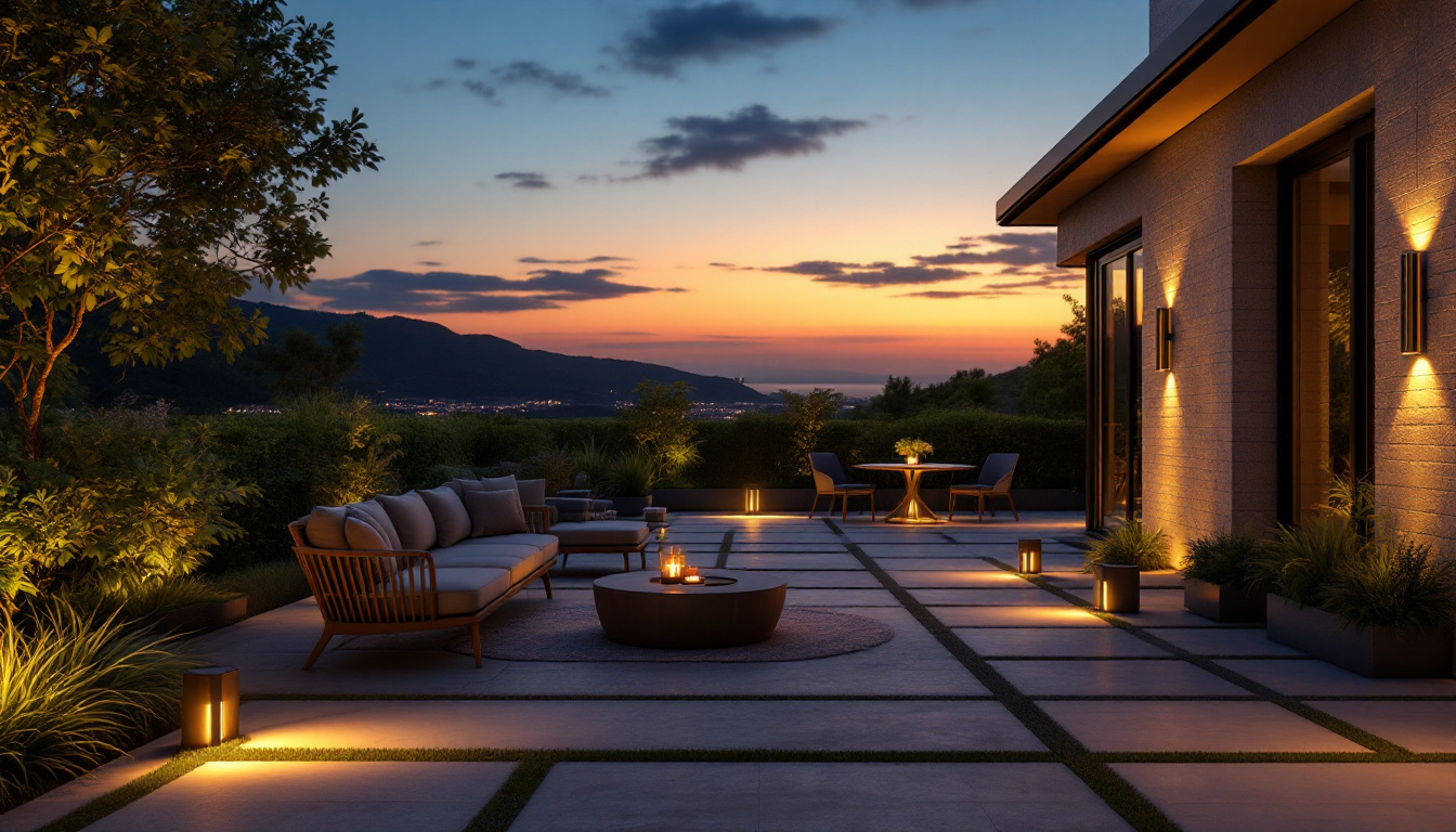 A photograph of a beautifully illuminated outdoor space transitioning from dusk to dawn