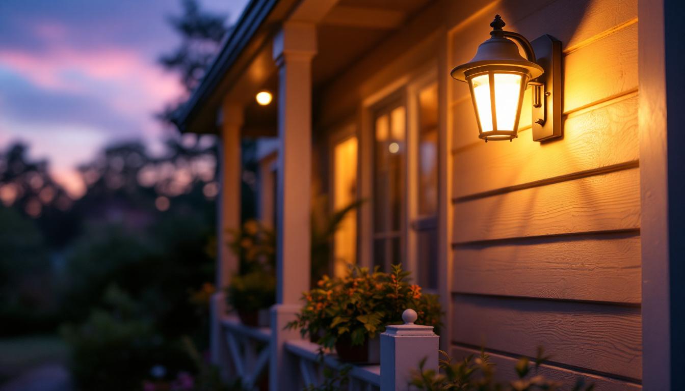 A photograph of a beautifully illuminated solar porch light installed on a cozy porch during twilight