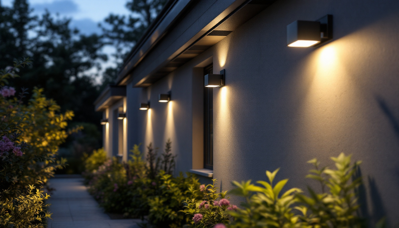 A photograph of capture a photograph of a well-lit outdoor area showcasing various wall pack lights installed on a building