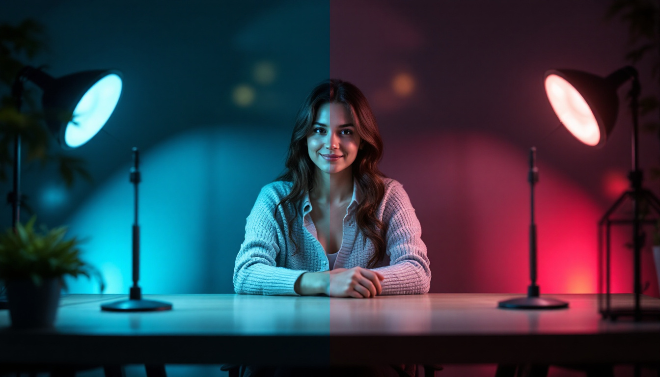 A photograph of a well-lit scene showcasing the contrasting effects of 4k lighting and 3500k lighting on a subject