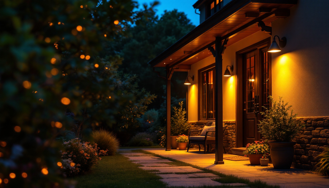 A photograph of a beautifully illuminated outdoor porch featuring energy-efficient lighting fixtures