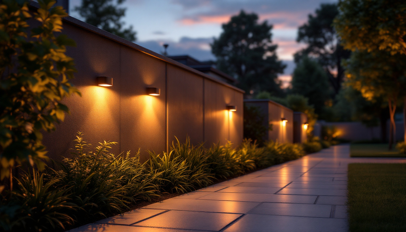 A photograph of a beautifully illuminated outdoor space featuring solar wall lights in action