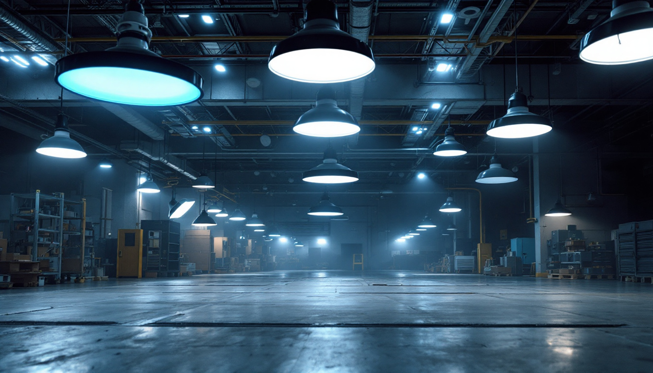 A photograph of a well-lit industrial workspace showcasing a variety of lighting fixtures in use