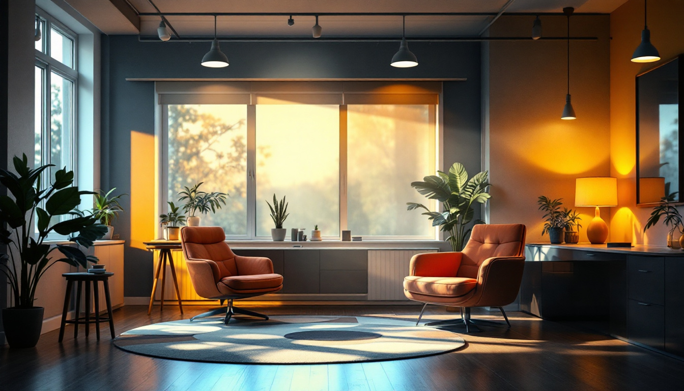 A photograph of a well-lit interior space showcasing a harmonious blend of different lighting sources