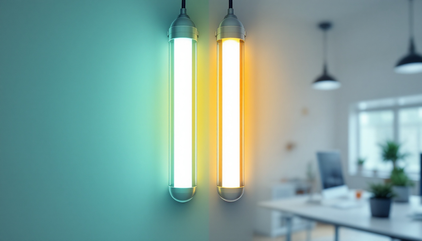 A photograph of a side-by-side comparison of a fluorescent tube and a modern led tube installed in a well-lit workspace
