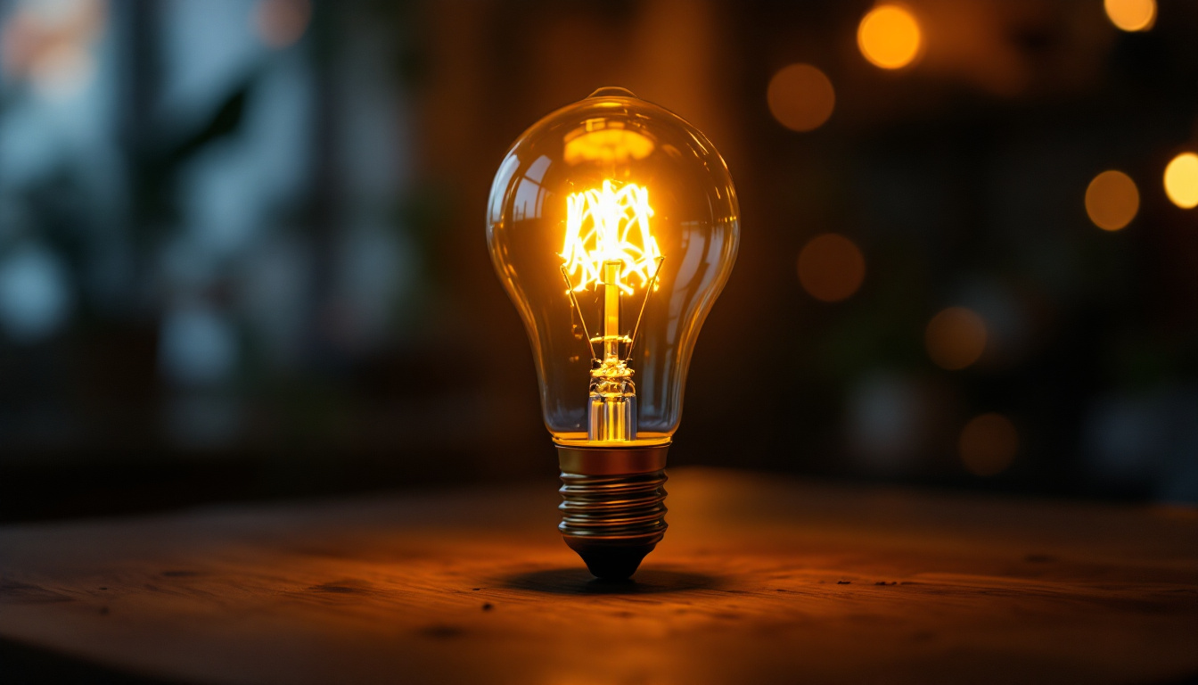 A photograph of a type b light bulb illuminated in a cozy