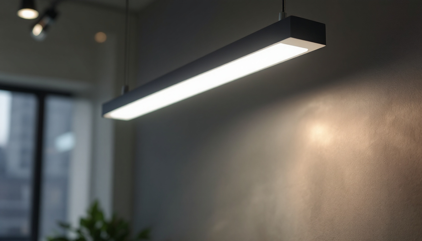 A photograph of a modern fluorescent light fixture in a well-lit room