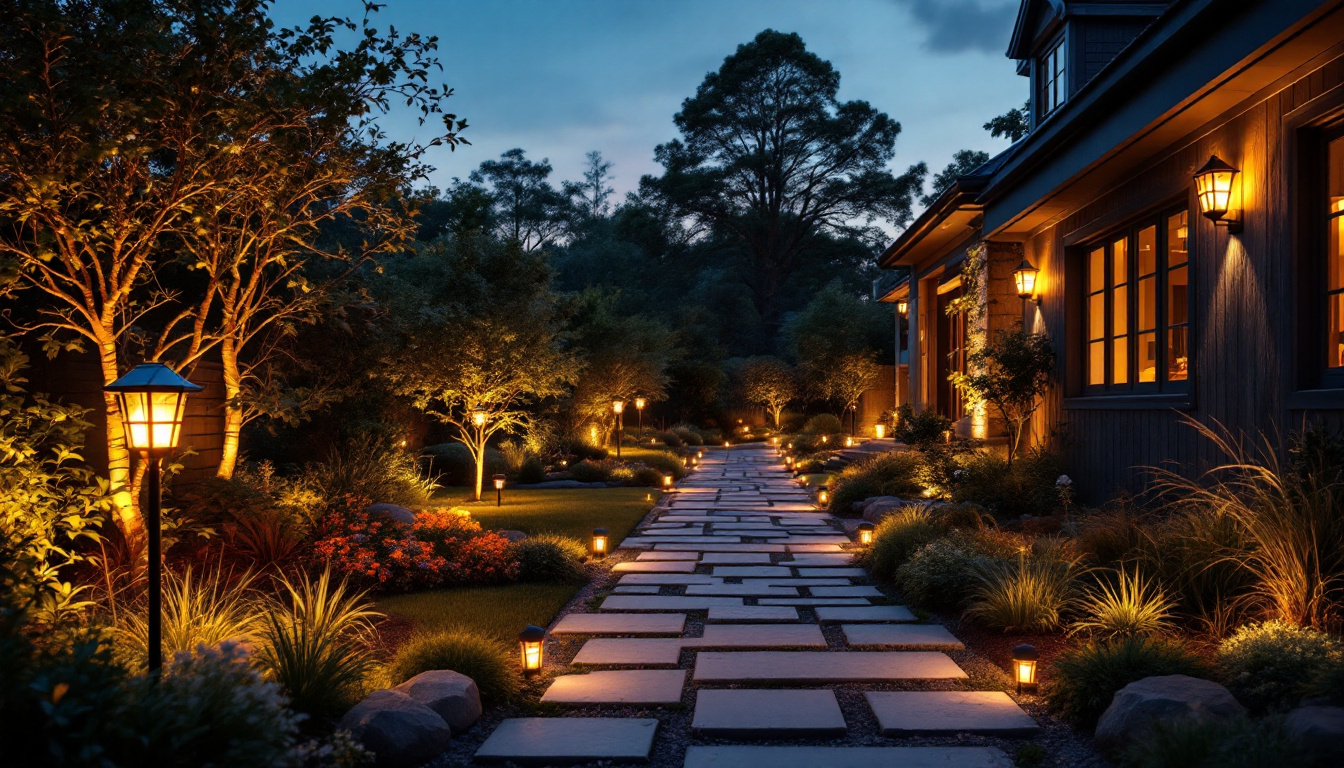 A photograph of a beautifully illuminated outdoor space featuring a variety of solar lights adorning pathways