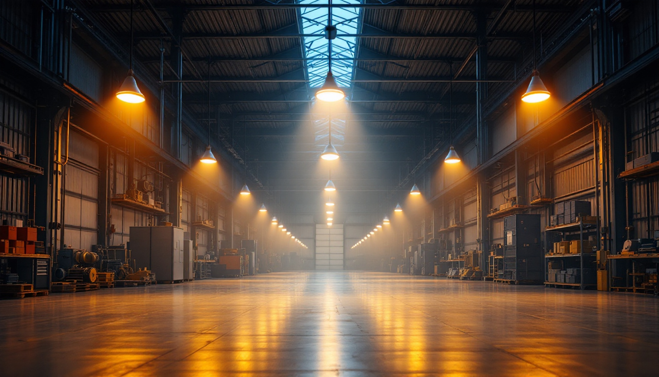 A photograph of a modern industrial space featuring high bay lights in action