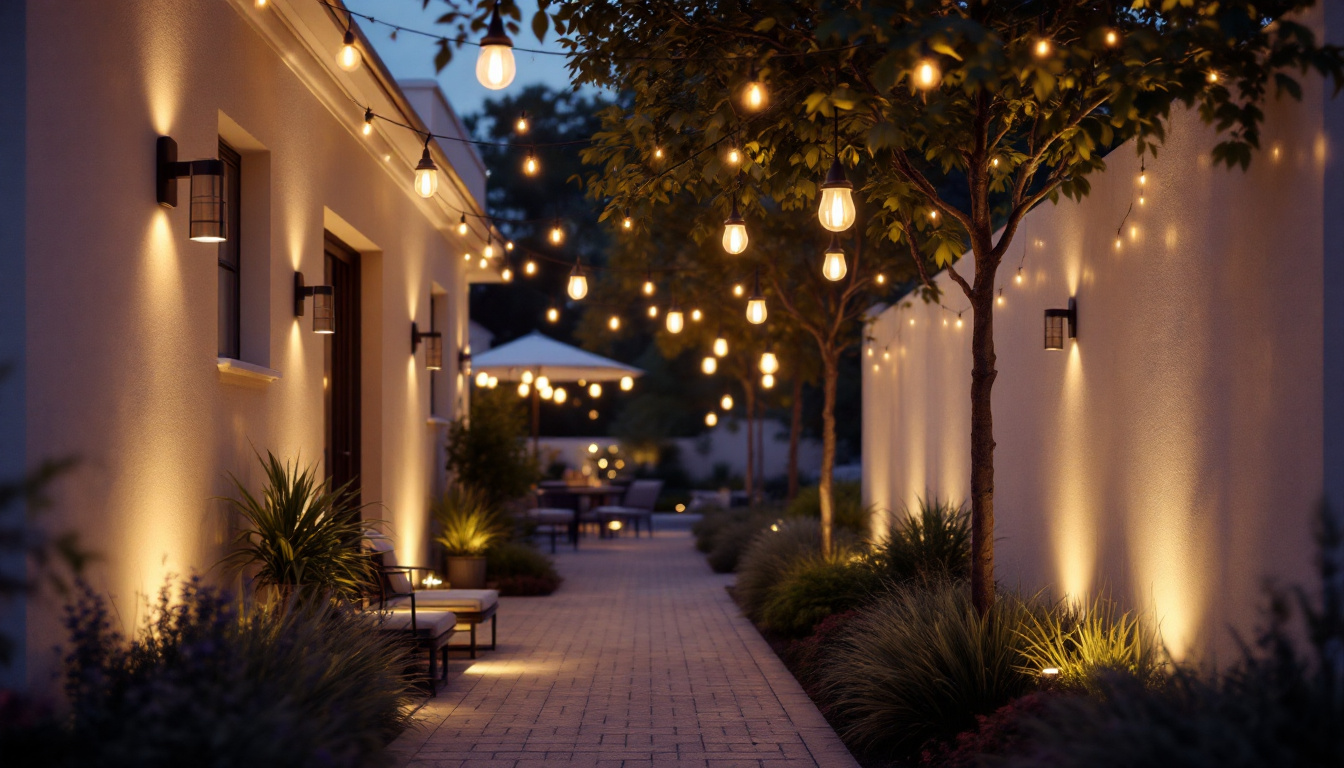 A photograph of capture a photograph of a beautifully illuminated outdoor commercial space at dusk