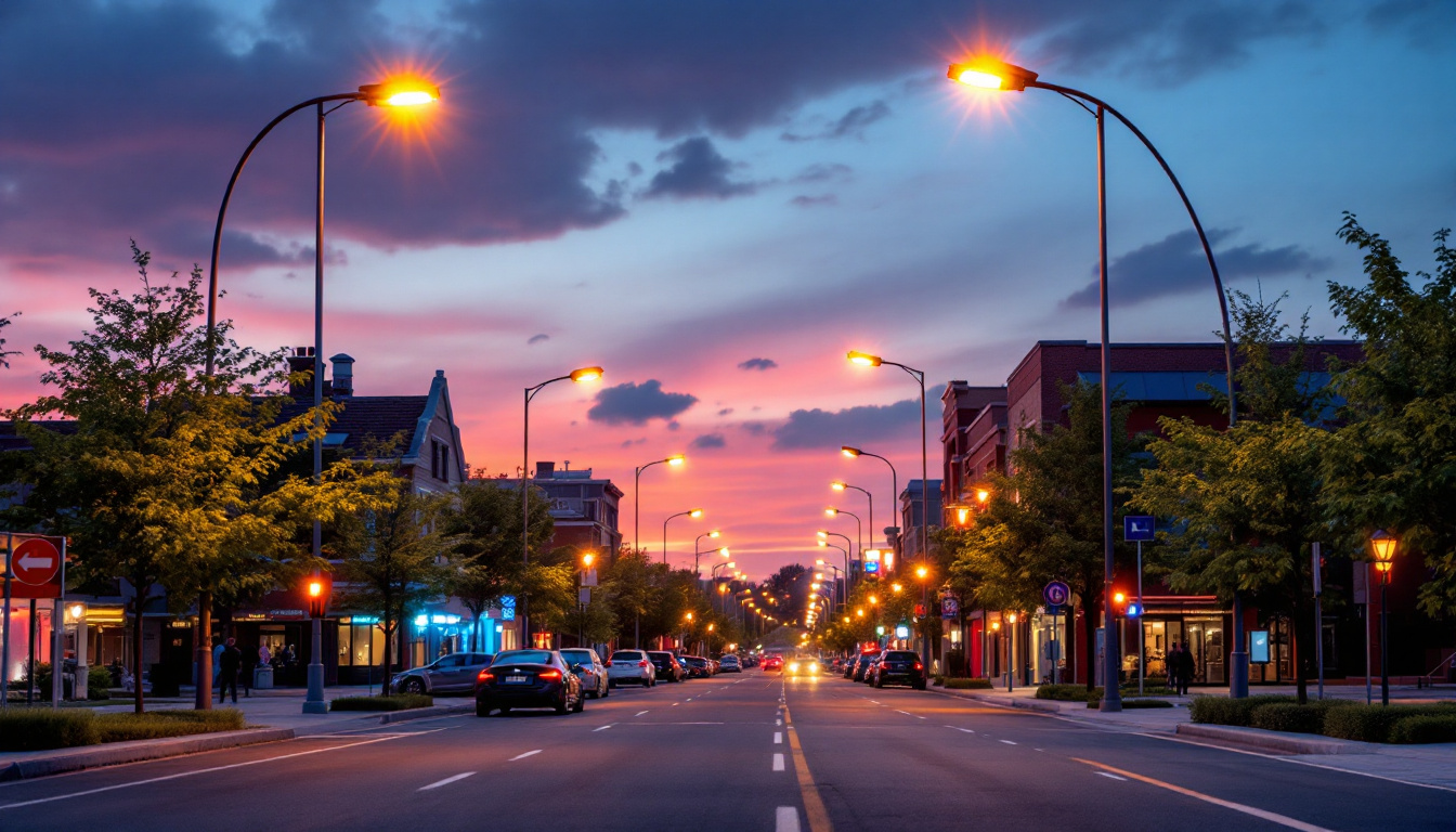 A photograph of a vibrant urban street scene illuminated by led street lights at dusk