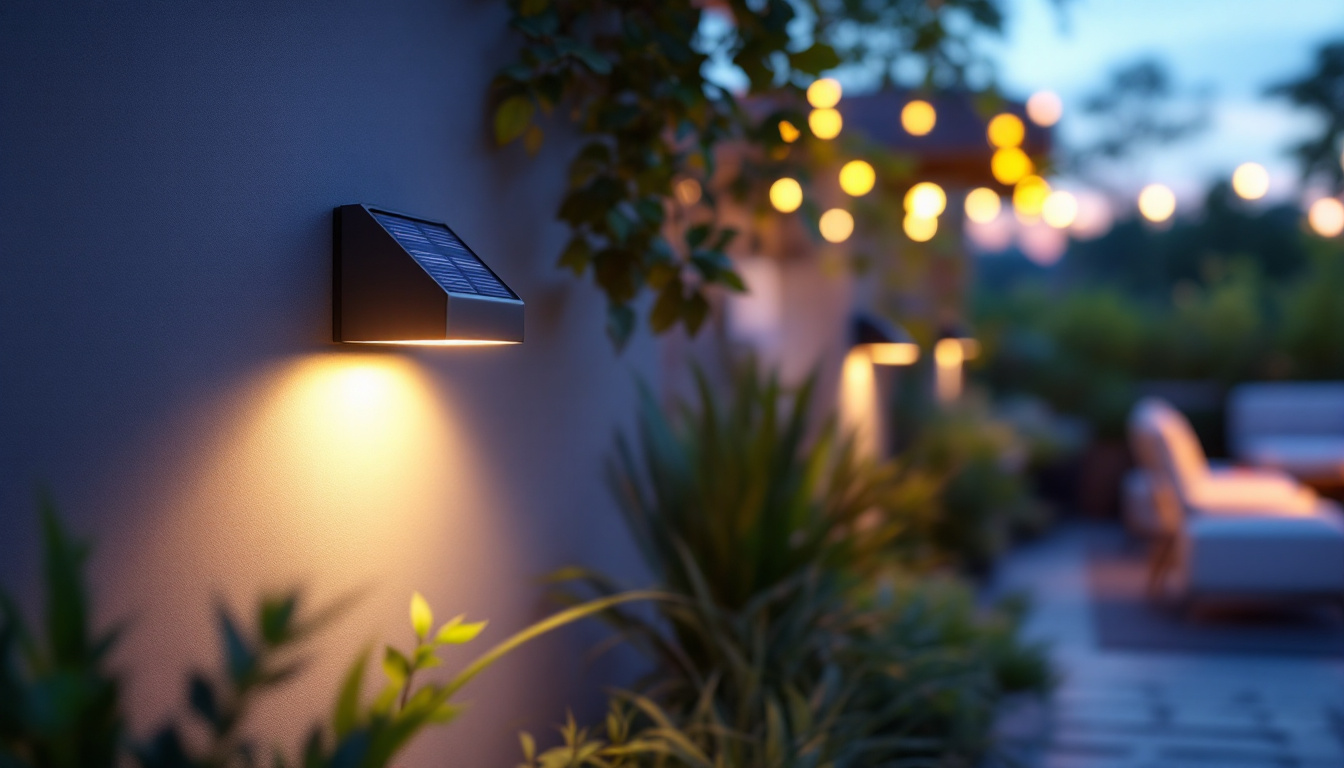 A photograph of a beautifully lit outdoor space featuring solar wall lights illuminating a garden or patio area at dusk