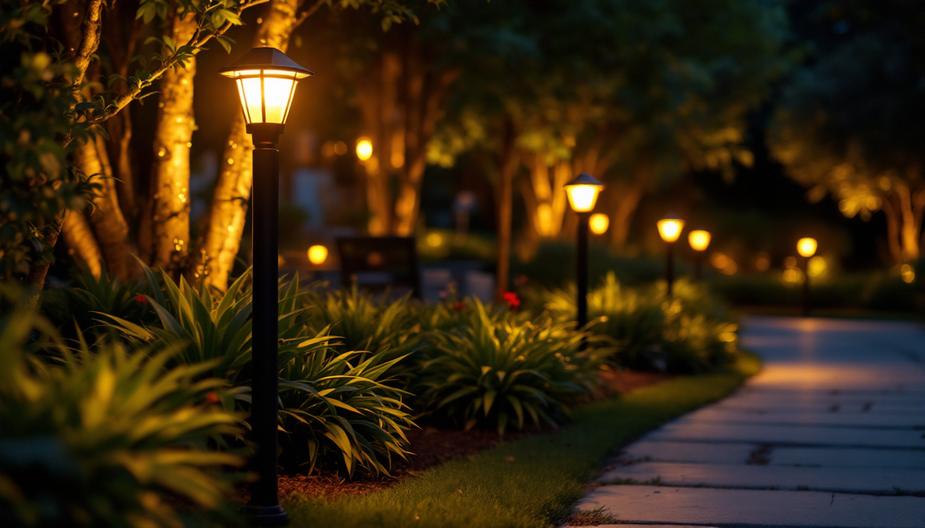 A photograph of capture a photograph of a beautifully landscaped outdoor space illuminated by solar post lights at dusk