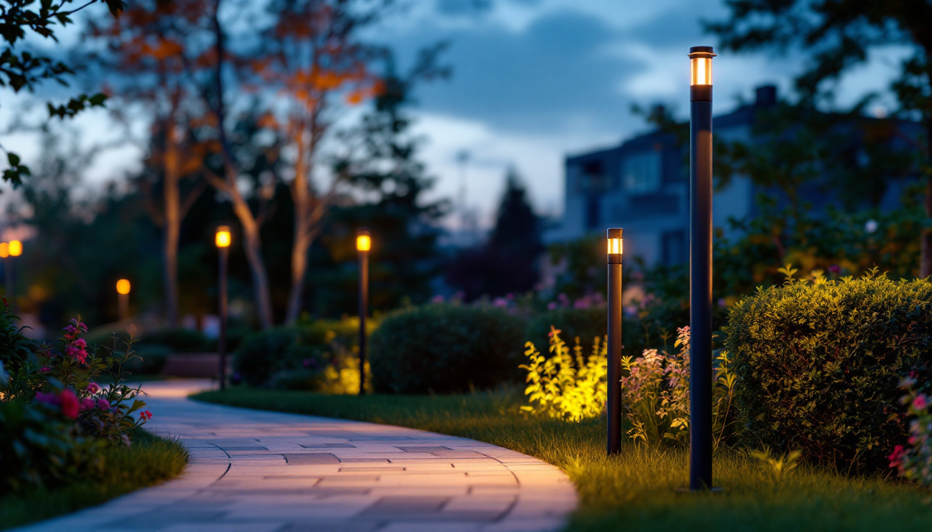 A photograph of a beautifully designed bollard light illuminating a pathway at dusk