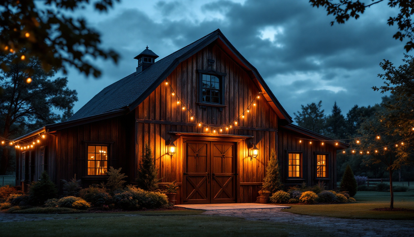 A photograph of a charming barn exterior illuminated by stylish barn lights at dusk