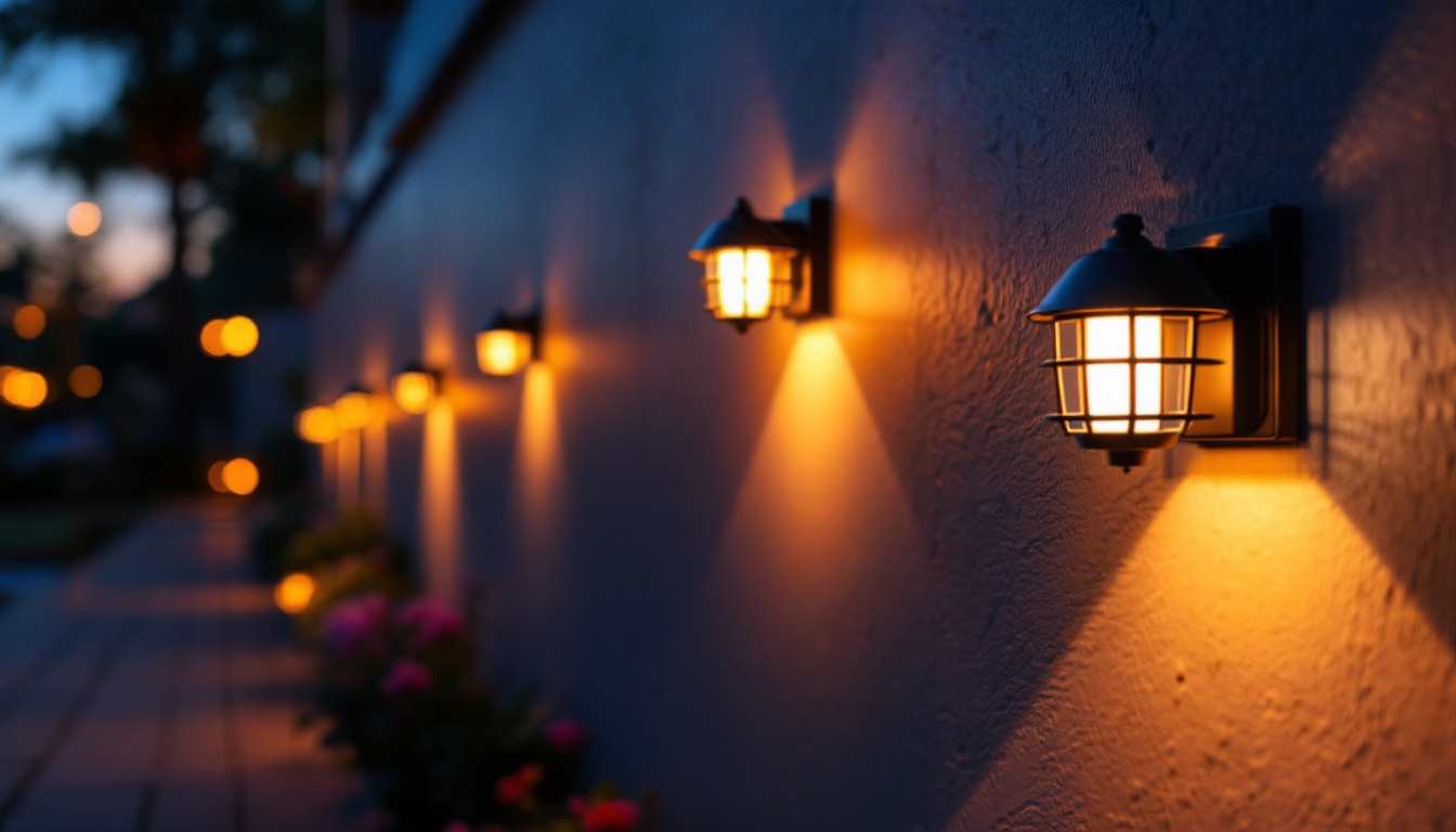 A photograph of a beautifully illuminated outdoor wall space featuring solar-powered lights