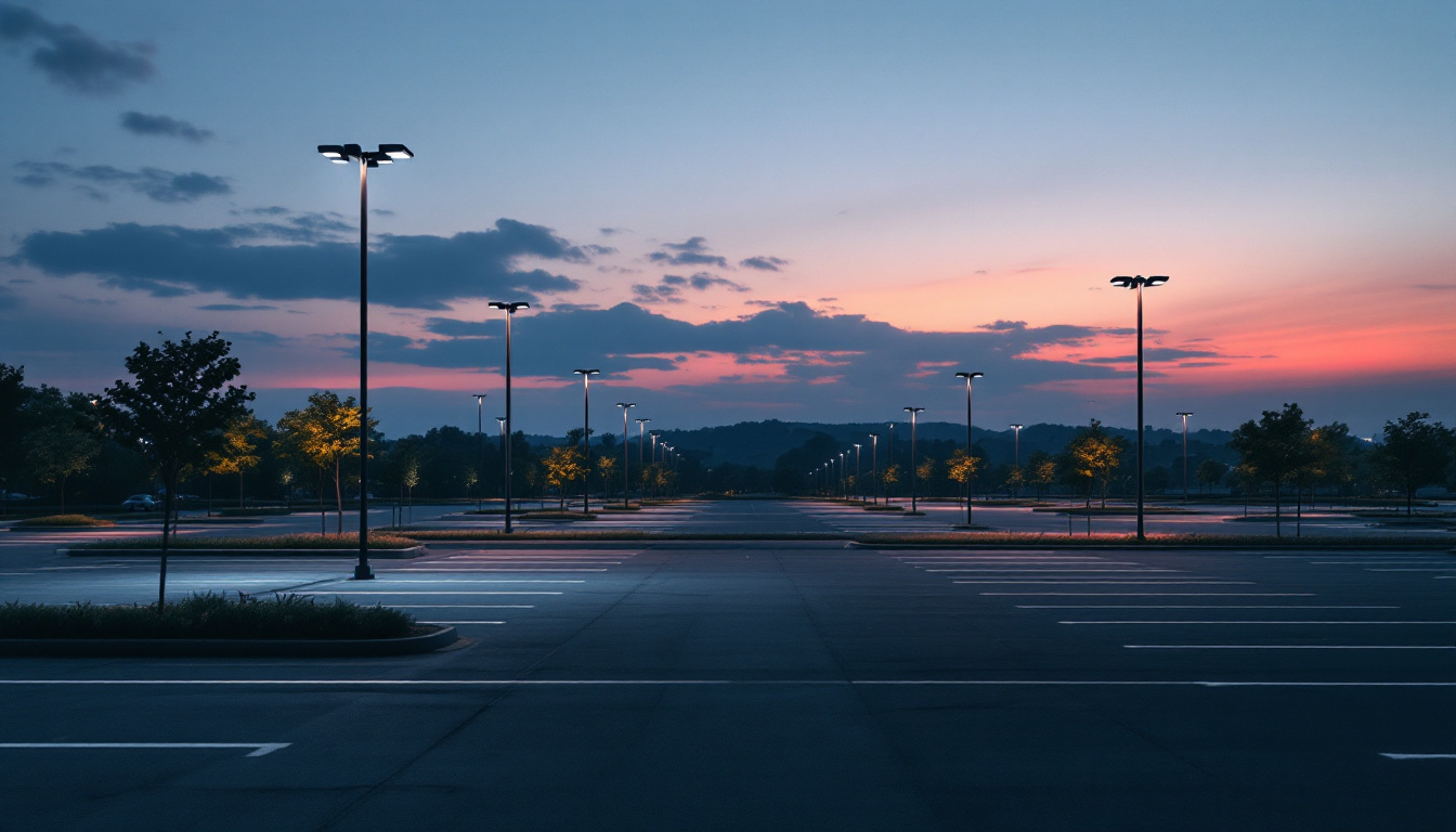 A photograph of a well-lit parking lot at dusk