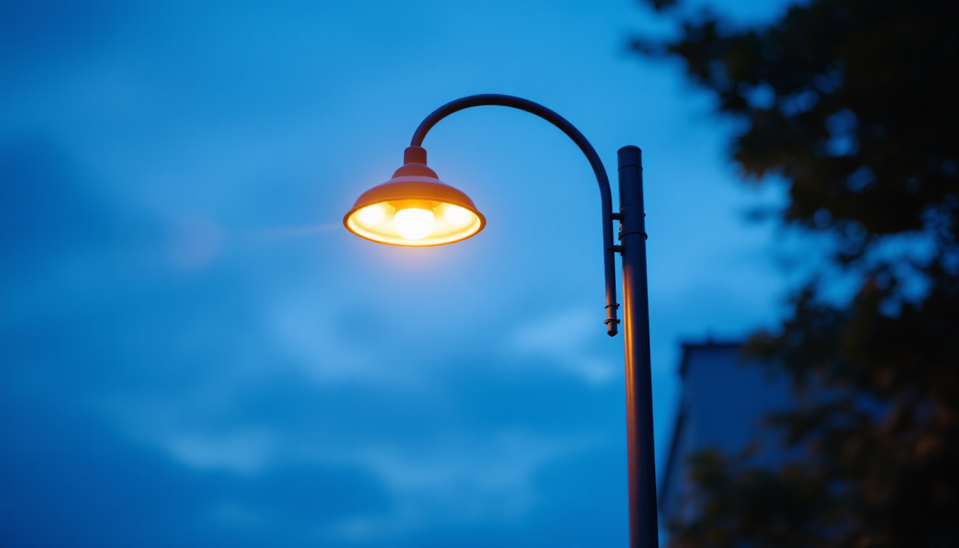 A photograph of a street light pole illuminated at dusk
