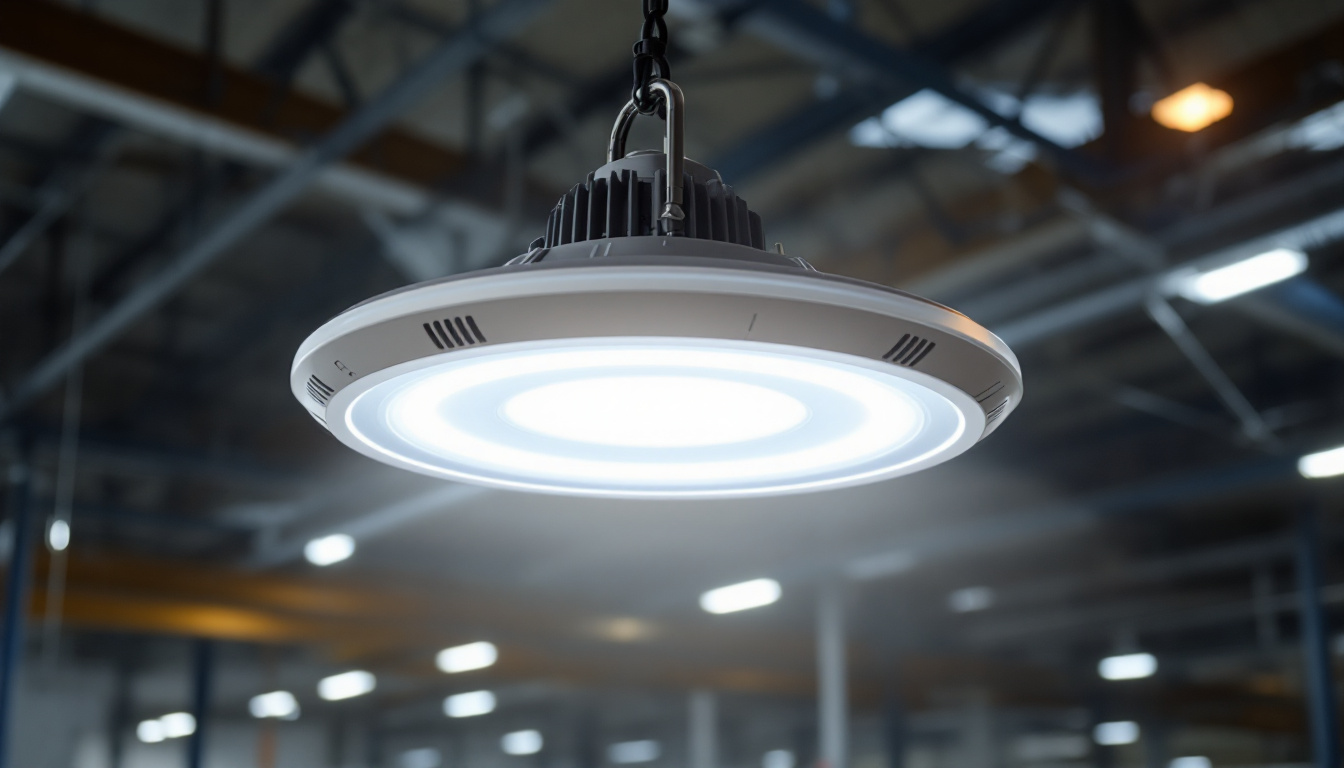 A photograph of a sleek ufo led high bay light installed in an industrial or commercial setting
