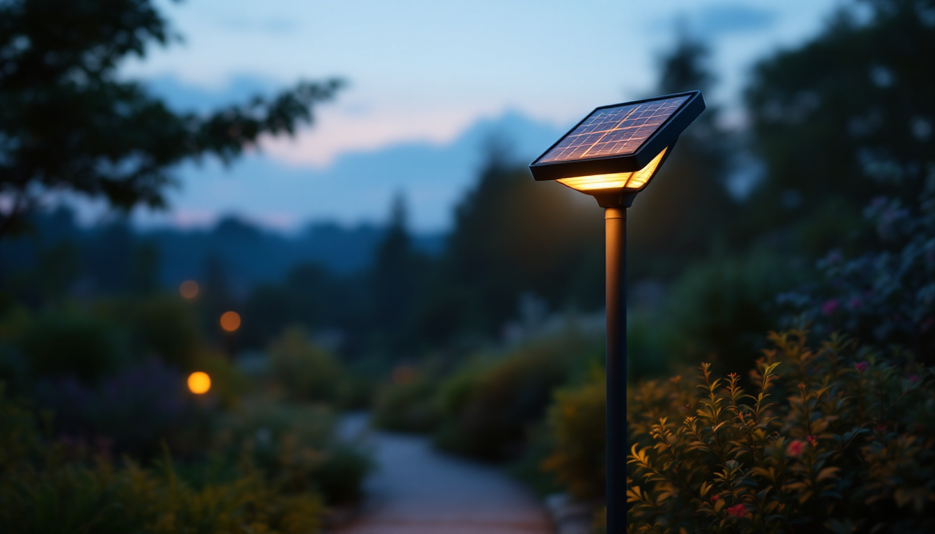 A photograph of a solar pole light illuminating a pathway or garden at dusk