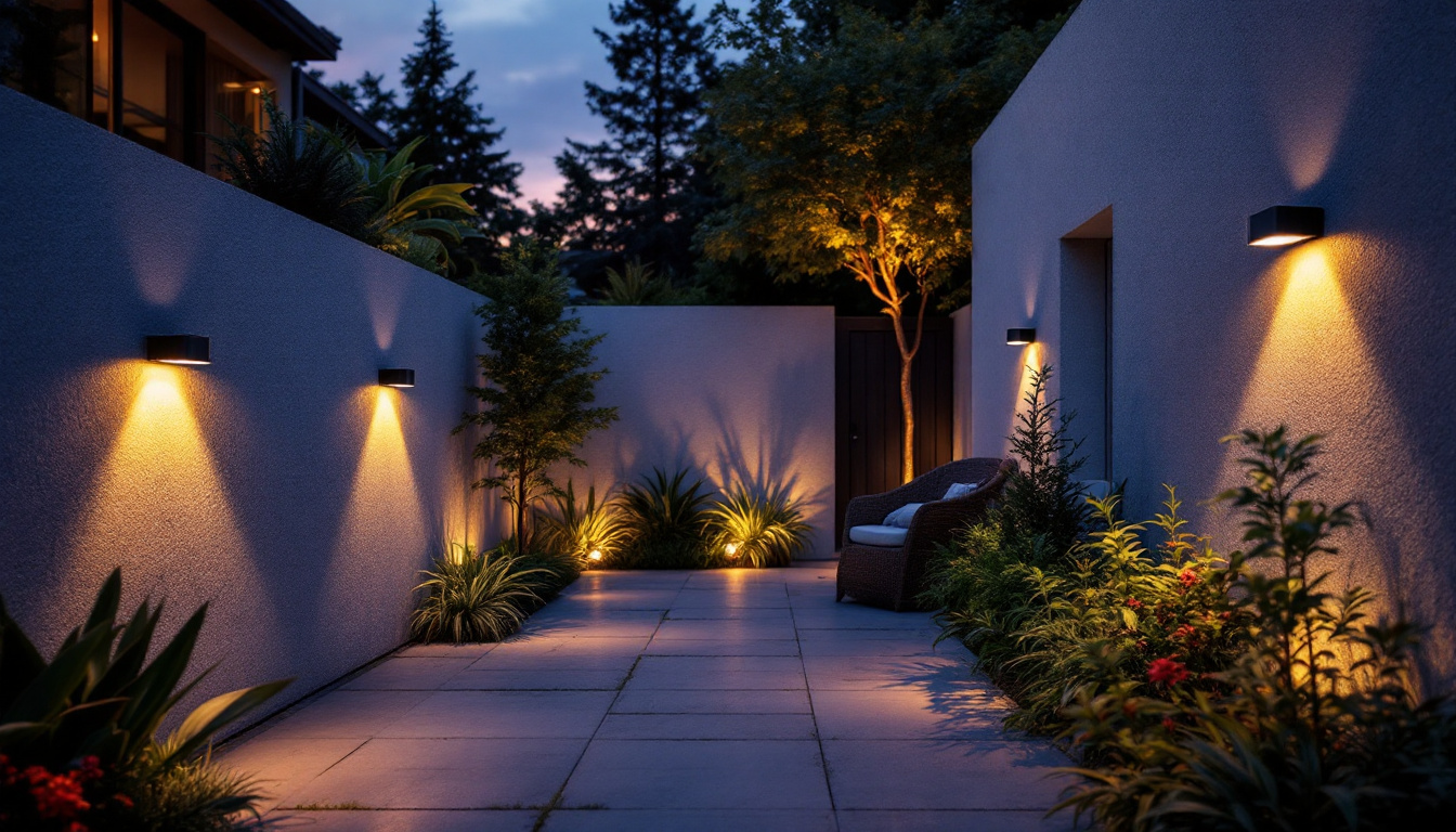 A photograph of a beautifully illuminated outdoor space featuring solar wall lights in action