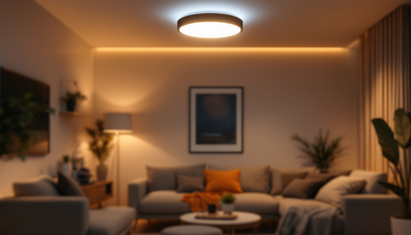A photograph of capture a photograph of a stylish led flush mount light installed in a modern living space