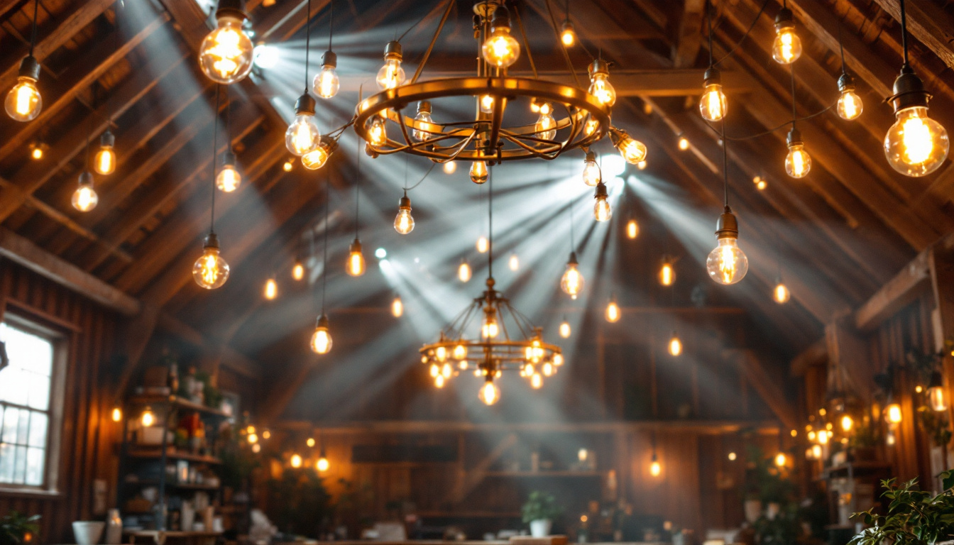 A photograph of a beautifully illuminated barn interior