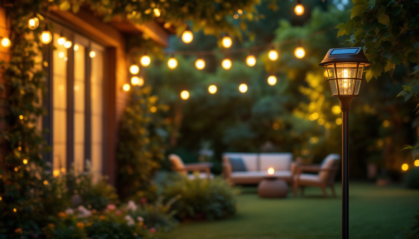 A photograph of capture a photograph of a beautifully illuminated outdoor space featuring solar-powered lights in various designs