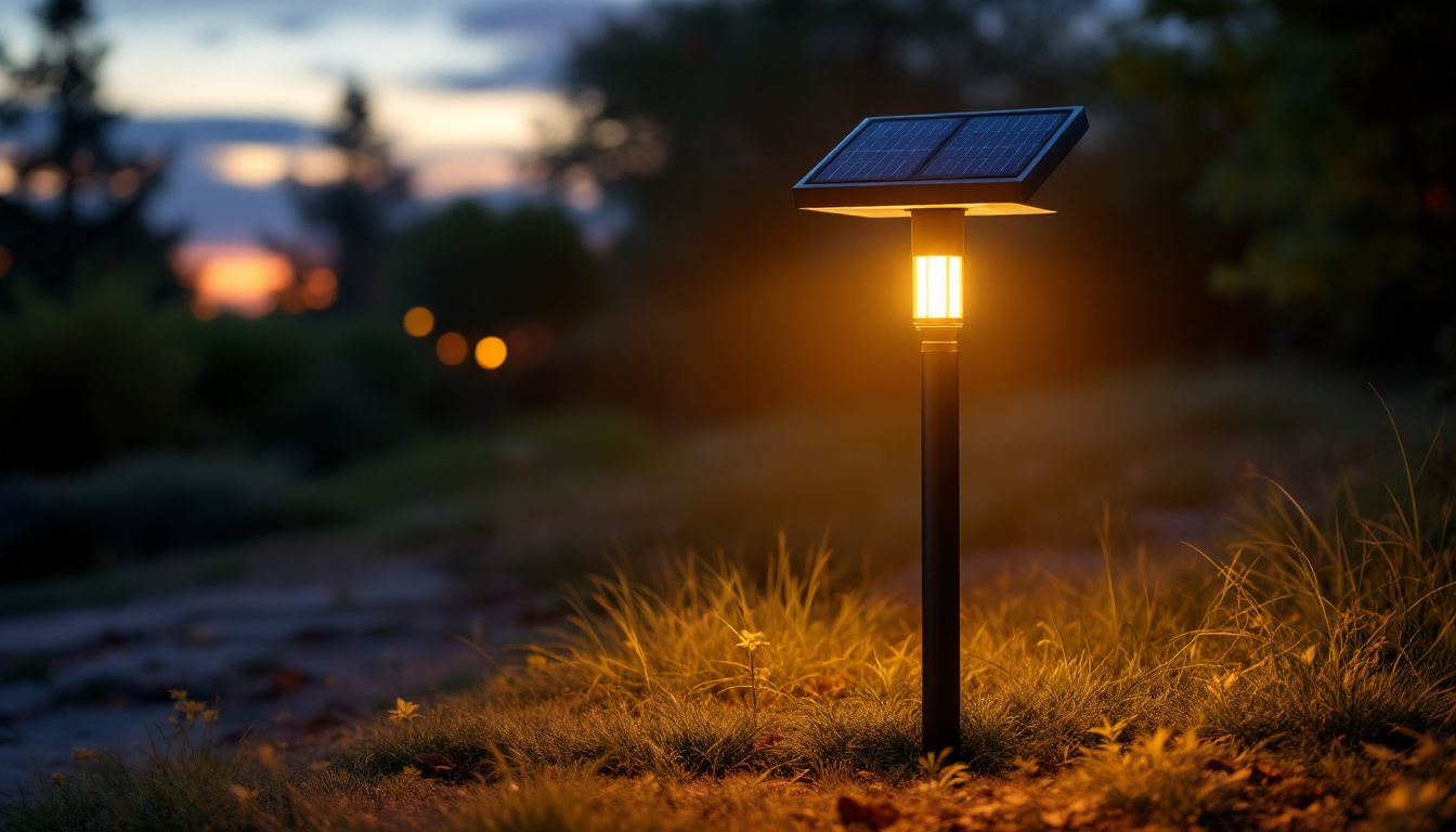 A photograph of capture a photograph of a beautifully illuminated solar post light installed in a serene outdoor setting during twilight