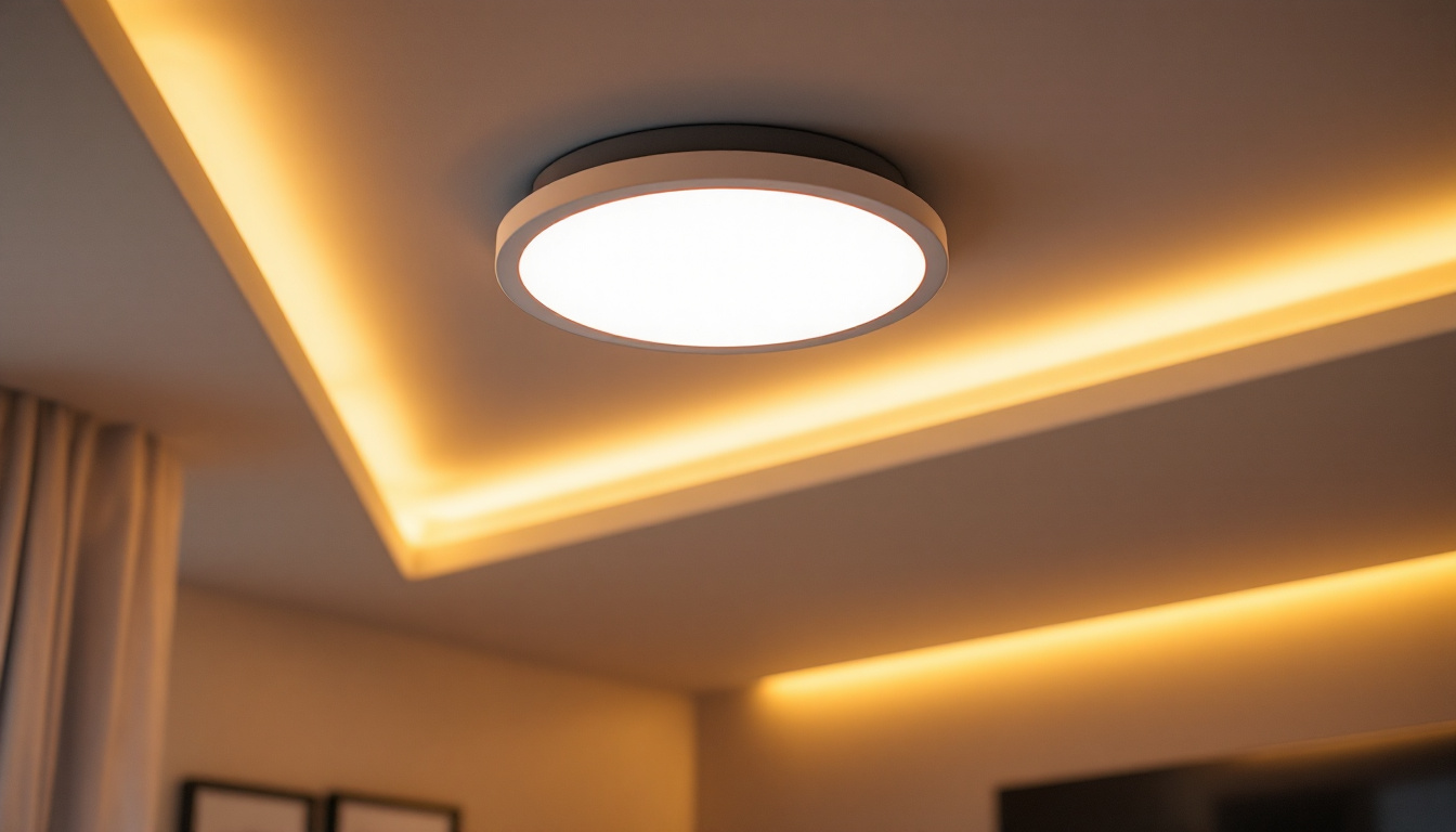 A photograph of a stylishly designed recessed ceiling lamp illuminating a modern living space