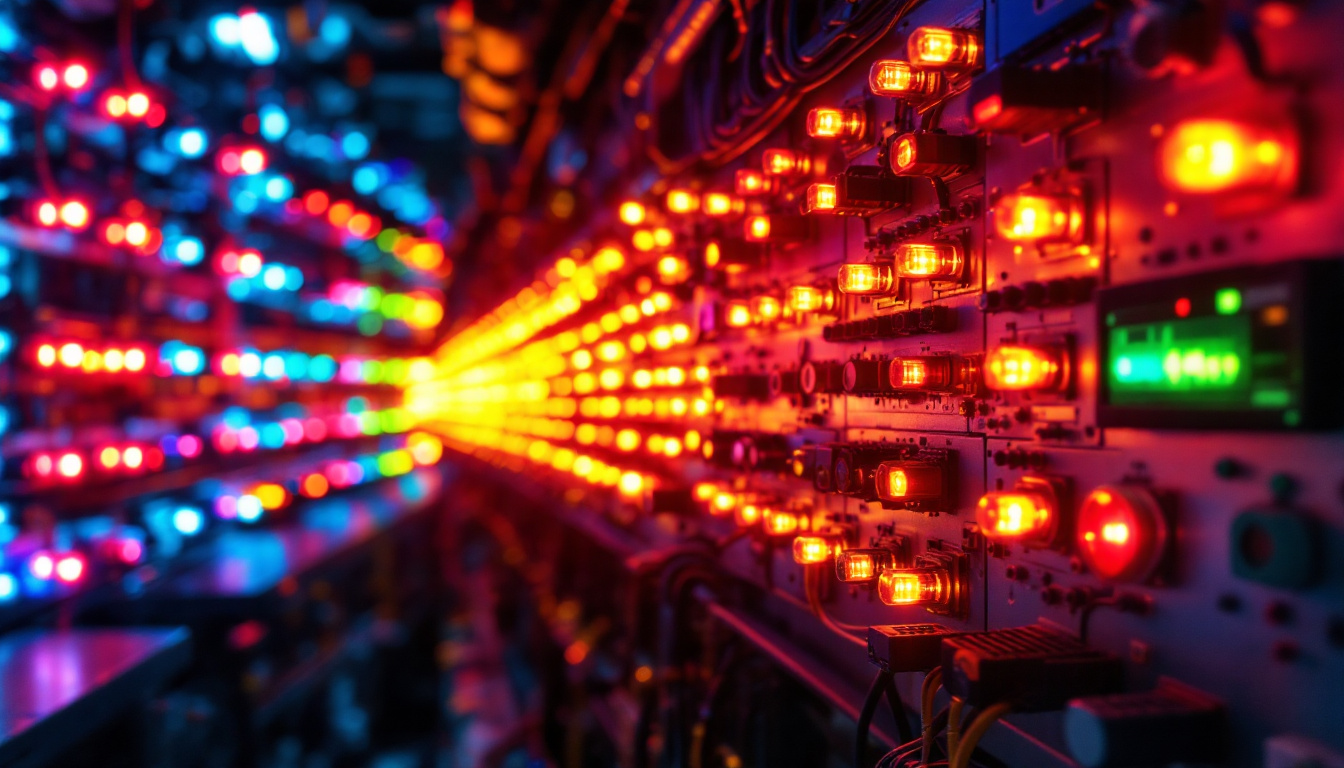 A photograph of capture a photograph of a vibrant array of 480 3-phase indicator lights in a dynamic industrial setting