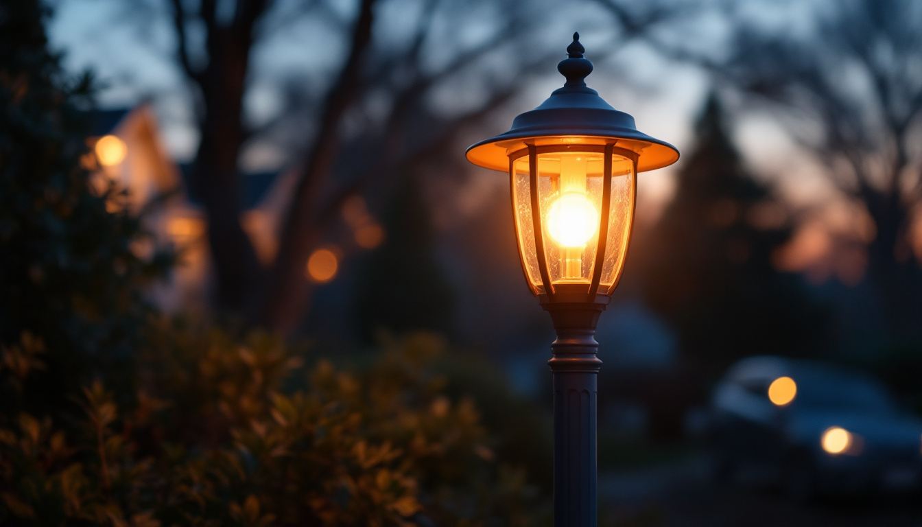 A photograph of capture a photograph of a beautifully illuminated yard light pole at dusk