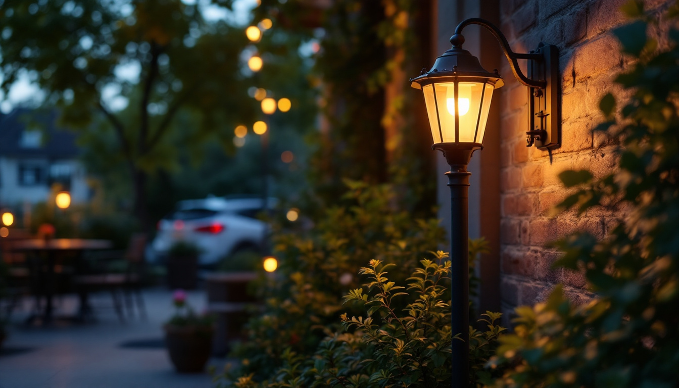 A photograph of a beautifully designed exterior lamp illuminating a charming outdoor setting at dusk