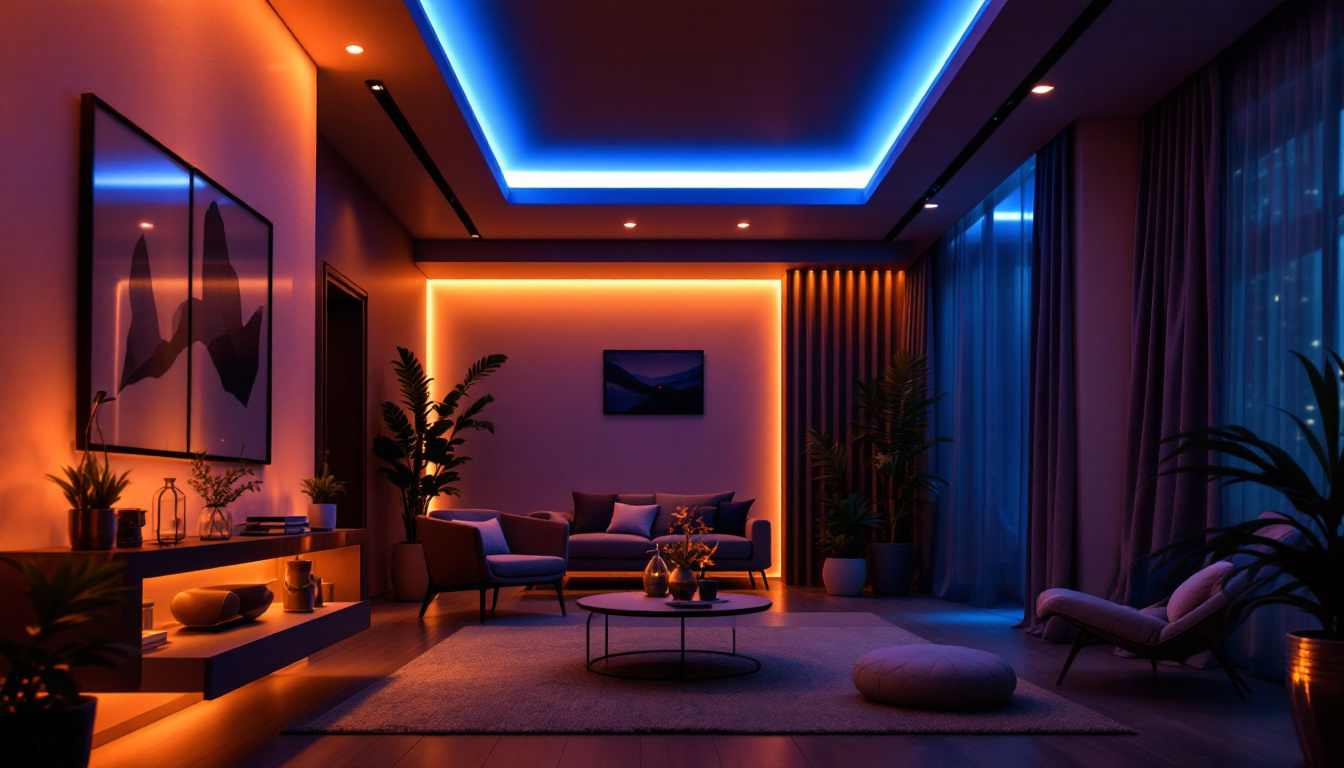 A photograph of a stylishly designed room illuminated by warm led can lights