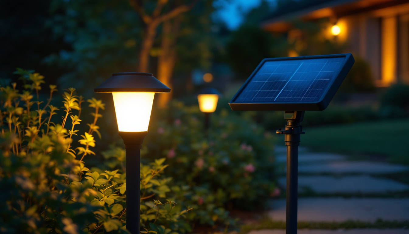 A photograph of capture a photograph of a solar-powered sign light illuminating a pathway or garden area at dusk
