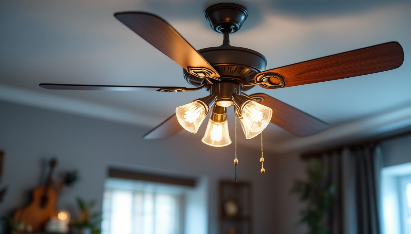 A photograph of a well-lit ceiling fan with its light fixture prominently displayed