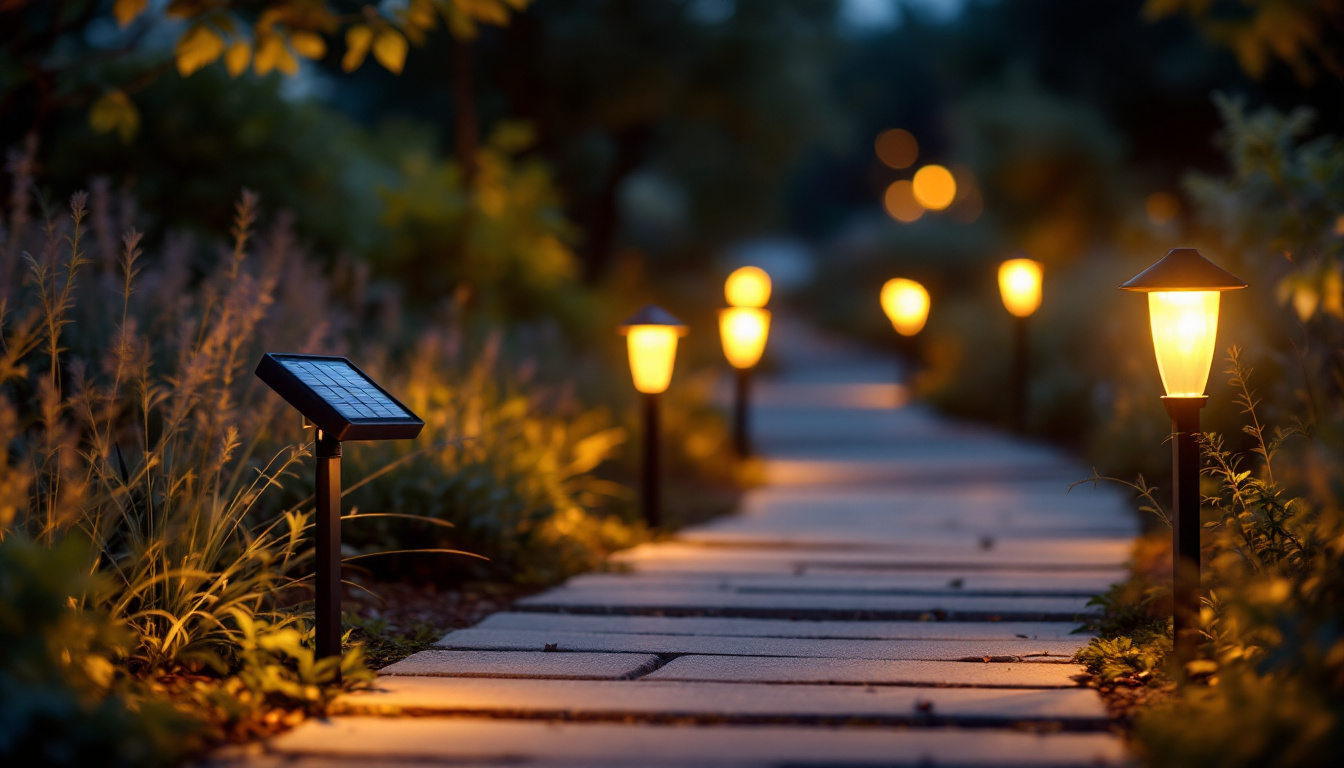 A photograph of capture a photograph of a beautifully illuminated pathway featuring solar pathway lights at dusk