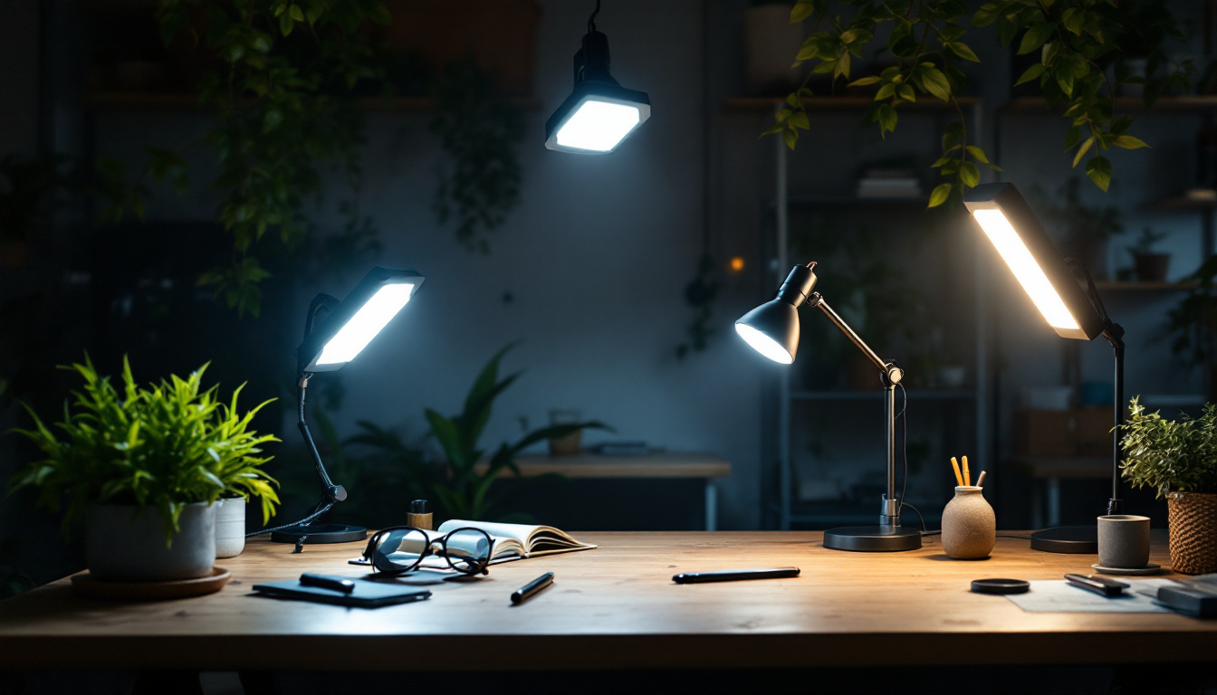 A photograph of a brightly lit workspace featuring a variety of led work lights in action