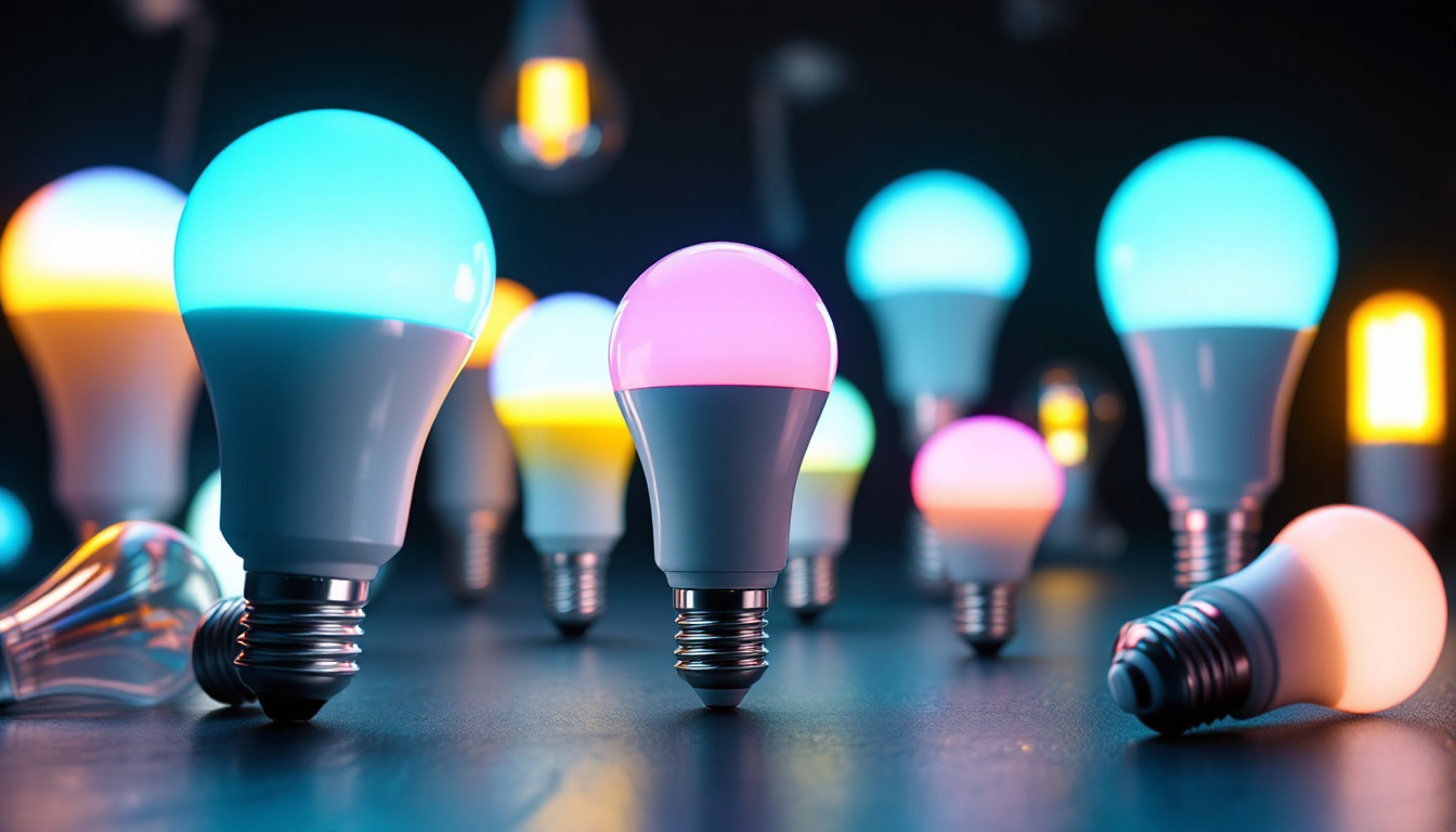 A photograph of a vibrant array of led light bulbs in various shapes and colors