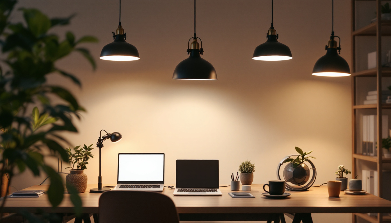 A photograph of a well-lit workspace showcasing various types of lighting fixtures in use