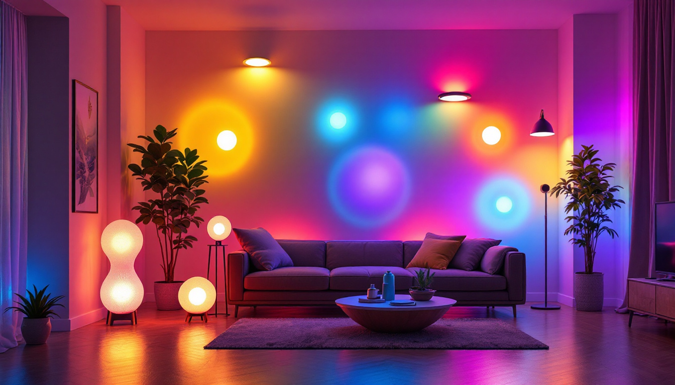 A photograph of a vibrant room illuminated by various ufo led lights