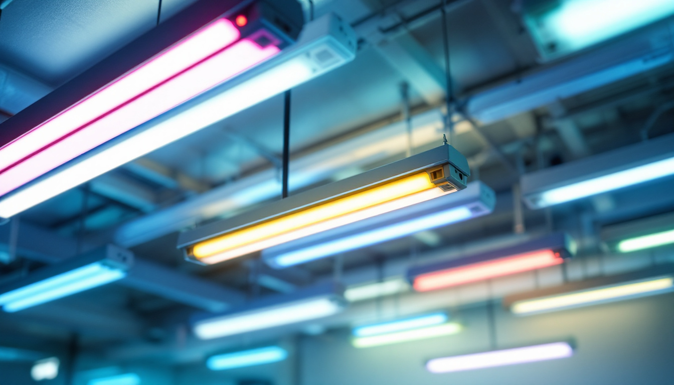A photograph of a brightly lit room showcasing various fluorescent light fixtures in use