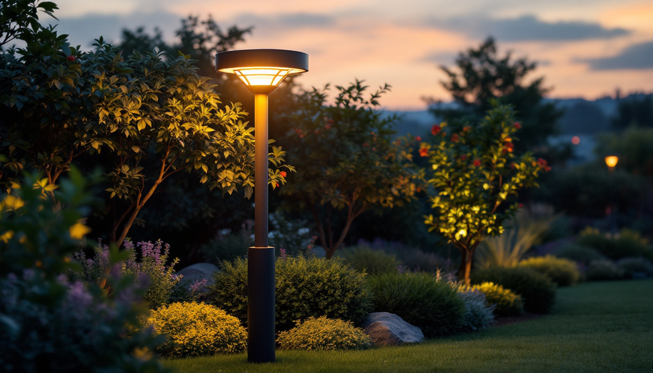 A photograph of a sleek and modern solar pole light illuminating a beautifully landscaped outdoor space at dusk