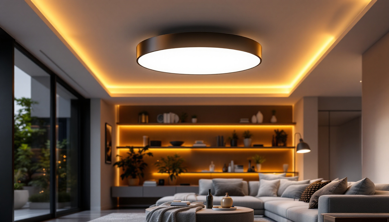 A photograph of a stylishly designed led flush mount ceiling light installed in a modern living space
