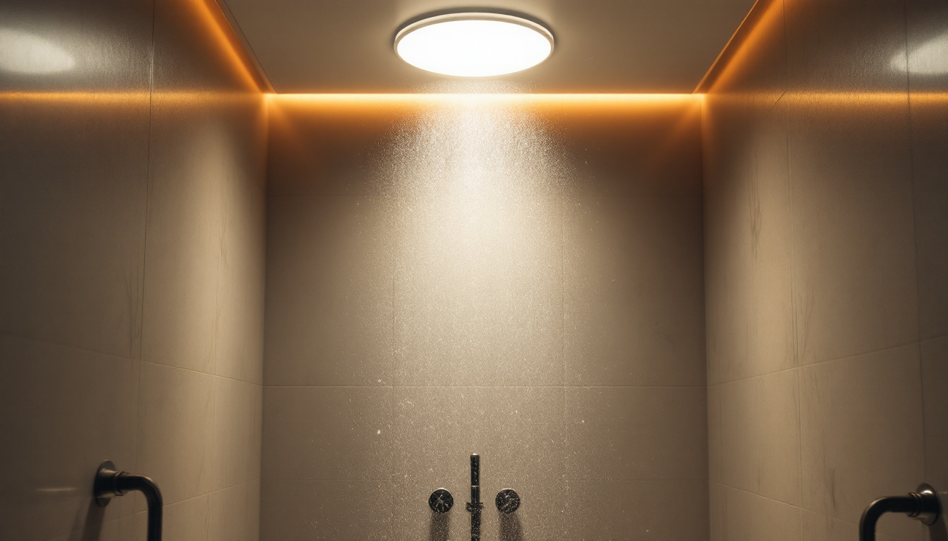 A photograph of a beautifully designed bathroom shower featuring a 6-inch recessed light installed in the ceiling