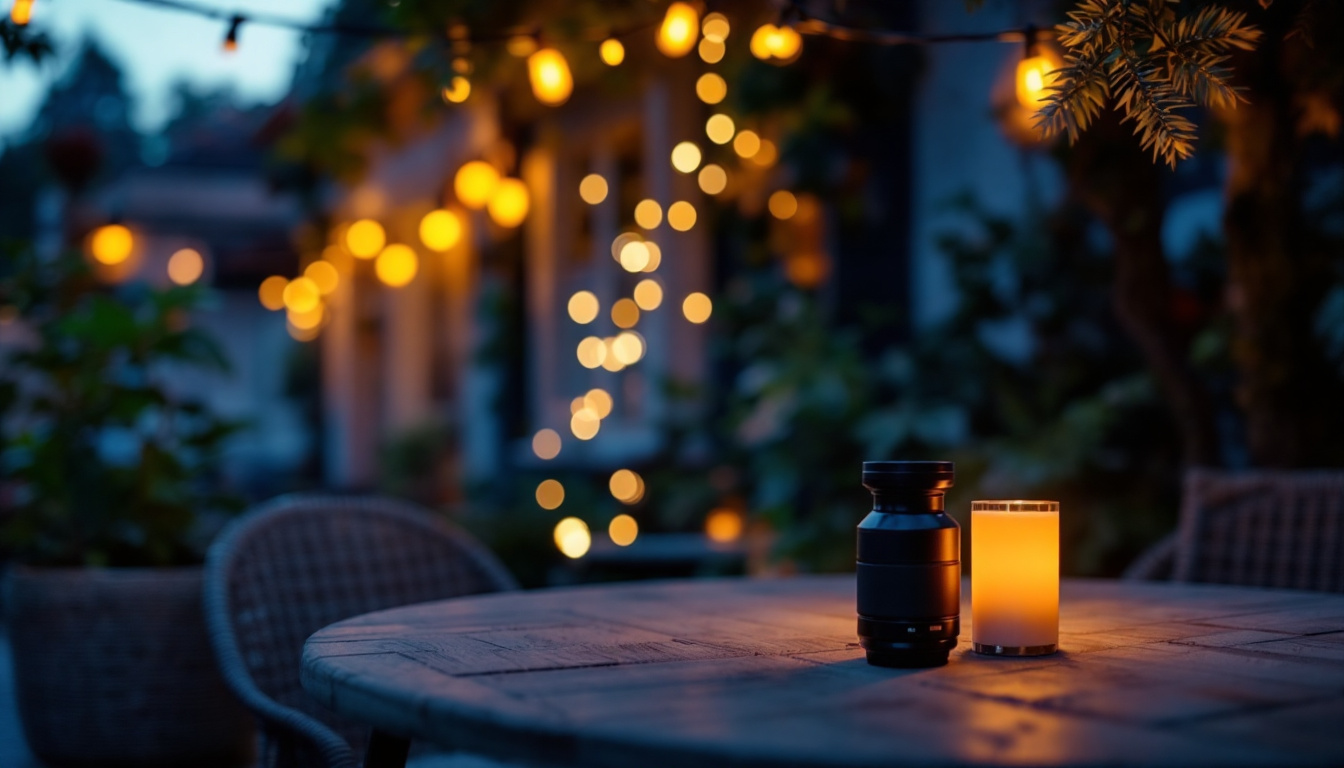 A photograph of capture a photograph of a cozy outdoor setting illuminated by warm string lights
