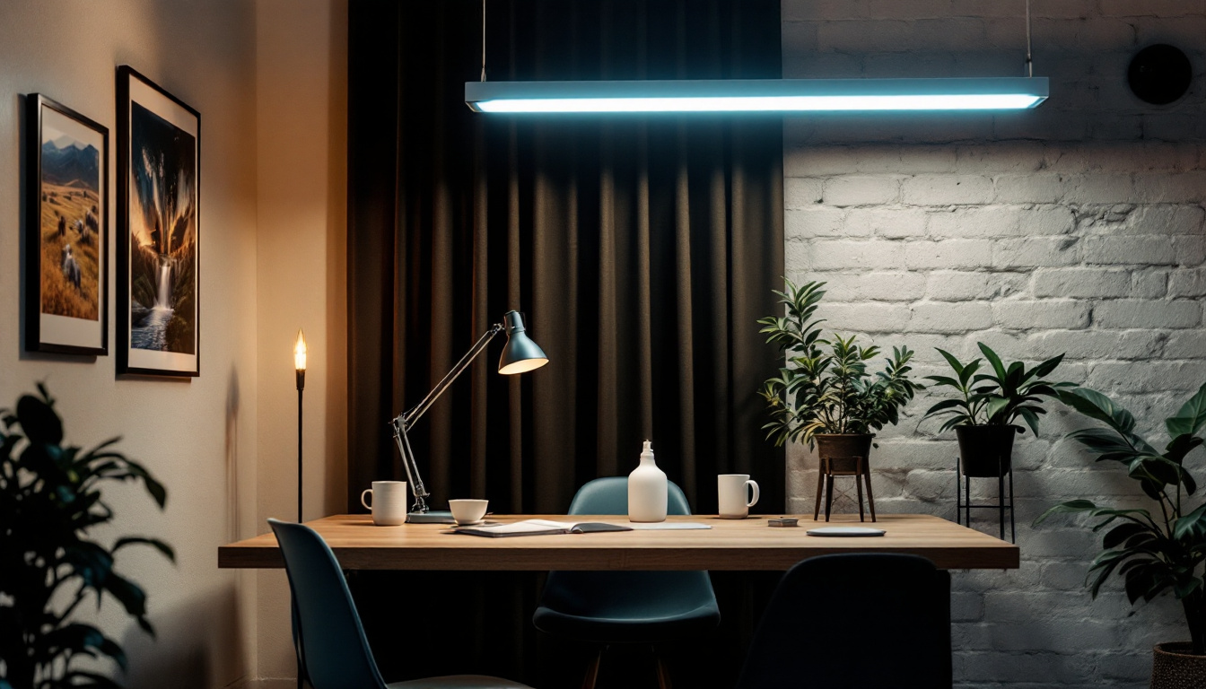 A photograph of capture a photograph of a well-lit room showcasing a modern fluorescent tube light fixture in action